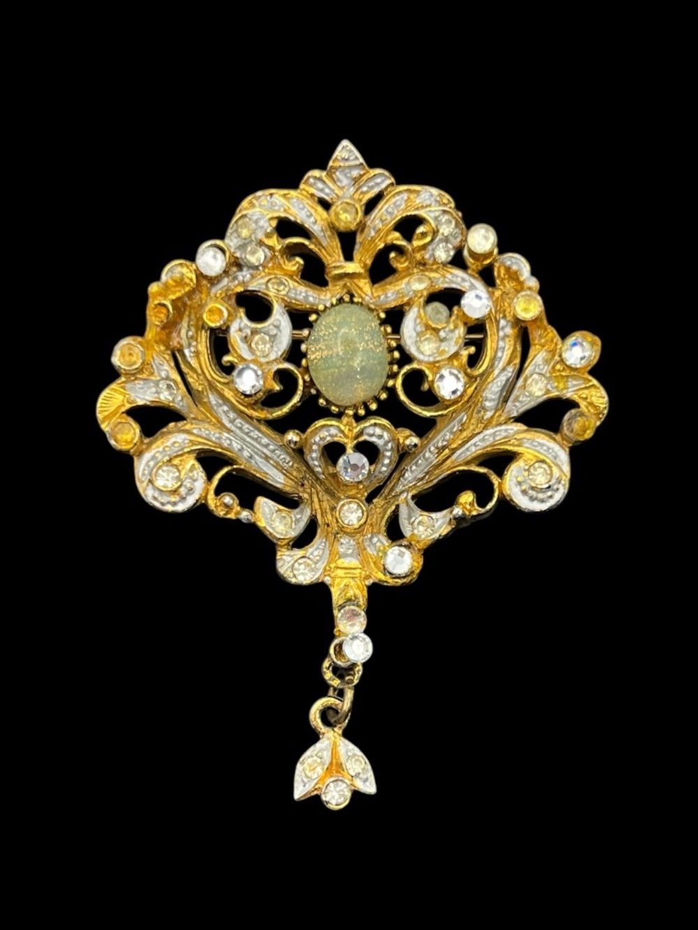 Sphinx A1997 vintage gold tone dangle clear & green rhinestone brooch pin